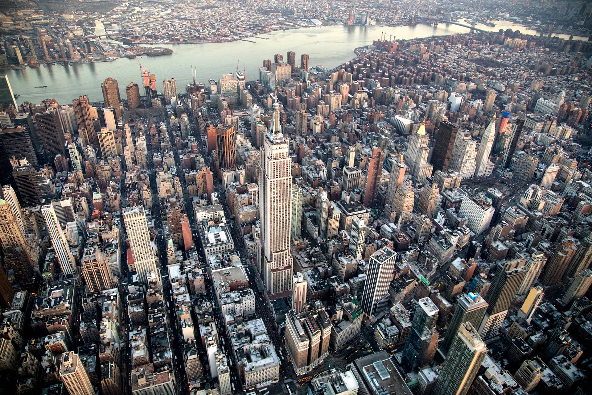 Top down view of city with high rise buildings